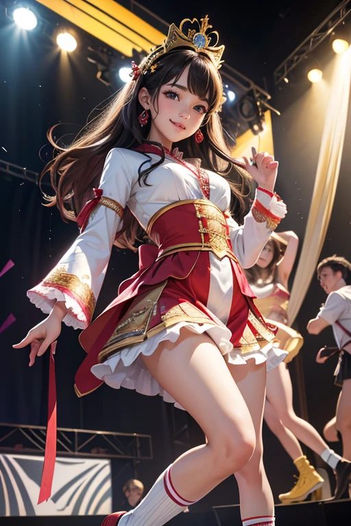 (Highest quality、 8k 、masterpiece、High resolution)、Full Body Shot、15 year old girl、Idol、cute、Dancing with a smile、Outdoor Stage、AKB48 Costumes、Realistic、Realistic、Official Art、Detailed CG、Professional Lighting、Professional photographer、
