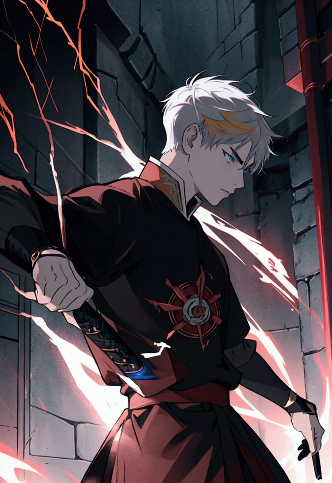 ung man, alone, looking at his enemy, soft lighting, crimson electrical currents on body, 15 year old man, blue eyes, tattoo below the eyes, golden hair, short hair with samurai cut, boyish, black clothes, scene of rage and sadness, best angle, thoughtful, {beautiful detailed eyes}, {detailed light}, {illustration}, {better lighting}, conceptual art, best fight scene, monk t-shirt, black and white, rays of color crimson, lightning all over the body