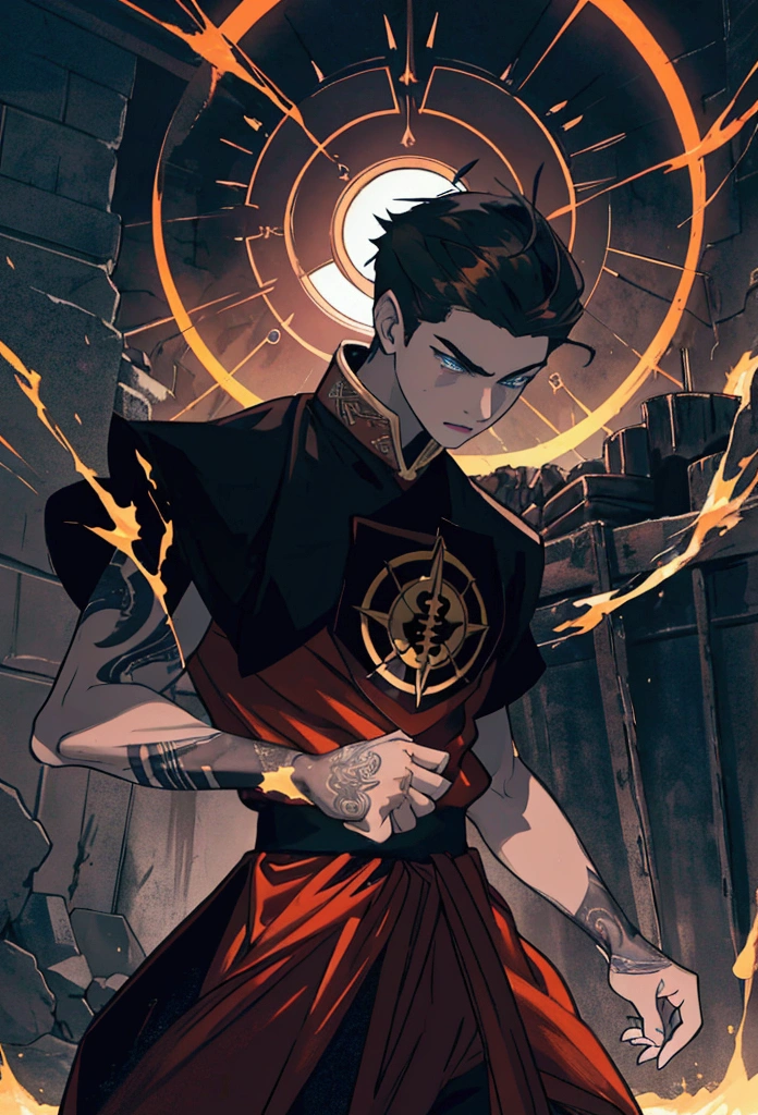 1 young man, alone, looking at his enemy, soft lighting, crimson electrical currents on body, man, blue eyes, tattoo below the eyes, golden hair, short hair with samurai cut, boyish, black clothes, scene of rage and sadness, best angle, thoughtful, {beautiful detailed eyes}, {detailed light}, {illustration}, {better lighting}, conceptual art, best fight scene, monk t-shirt, black and white, rays of color crimson, lightning all over the body