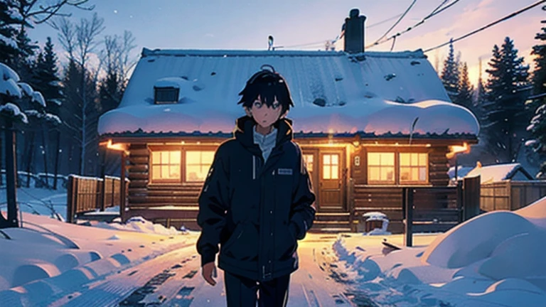 Boy entering a cabin, expression of concern, closeup of his face, village surrounded by snow an image by Makoto Shinkai, trend on pixiv, conceptual art, guweiz style artwork, Guweiz and Makoto Shinkai, Sakimichan and Makoto Shinkai, ( ( Makoto Shinkai ) ), in the snow, beautiful anime scene