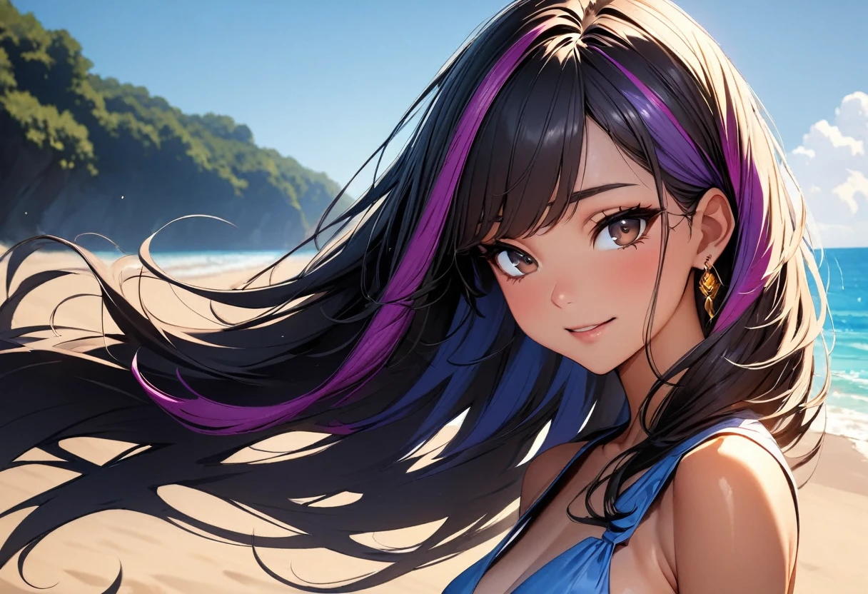 (highest quality:1.2, Very detailed, up to date, Vibrant, Ultra-high resolution, High Contrast, masterpiece:1.2, highest quality, Best aesthetics), Portraiture、girl、((25-years-old:1)), Maxi dress, no sleeve, sexy dress, beach, blue ocean, blue sky, Bright colors、Beautiful fine details、Beautiful lip detail, long hair、black and purple ((streaked hair:1.6)), highlights hair: 1.5, brown eyes, gold earrings, ((slim body:1.4)), (small breast:0.7), (dark skin:0.5)), happy:1.5 , (upper body:1.4), close-up face, looking viewer