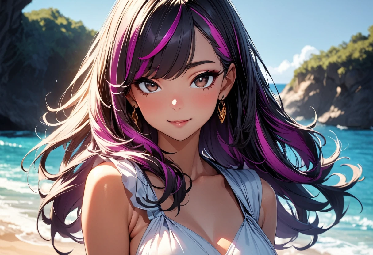 (highest quality:1.2, Very detailed, up to date, Vibrant, Ultra-high resolution, High Contrast, masterpiece:1.2, highest quality, Best aesthetics), Portraiture、girl、((25-years-old:1)), bikini:1, flower pattern, Beautiful fine details、Bright colors、Beautiful lip detail, long hair、black and purple ((streaked hair:1.6)), highlights hair: 1.5, brown eyes, gold earrings, ((slim body:1.5)), (small breast:0.7), (dark skin:0.5)), happy:1.5 ,beach, blue sky, blue ocean, sunshine, (cowboy shot:1.3), looking viewer