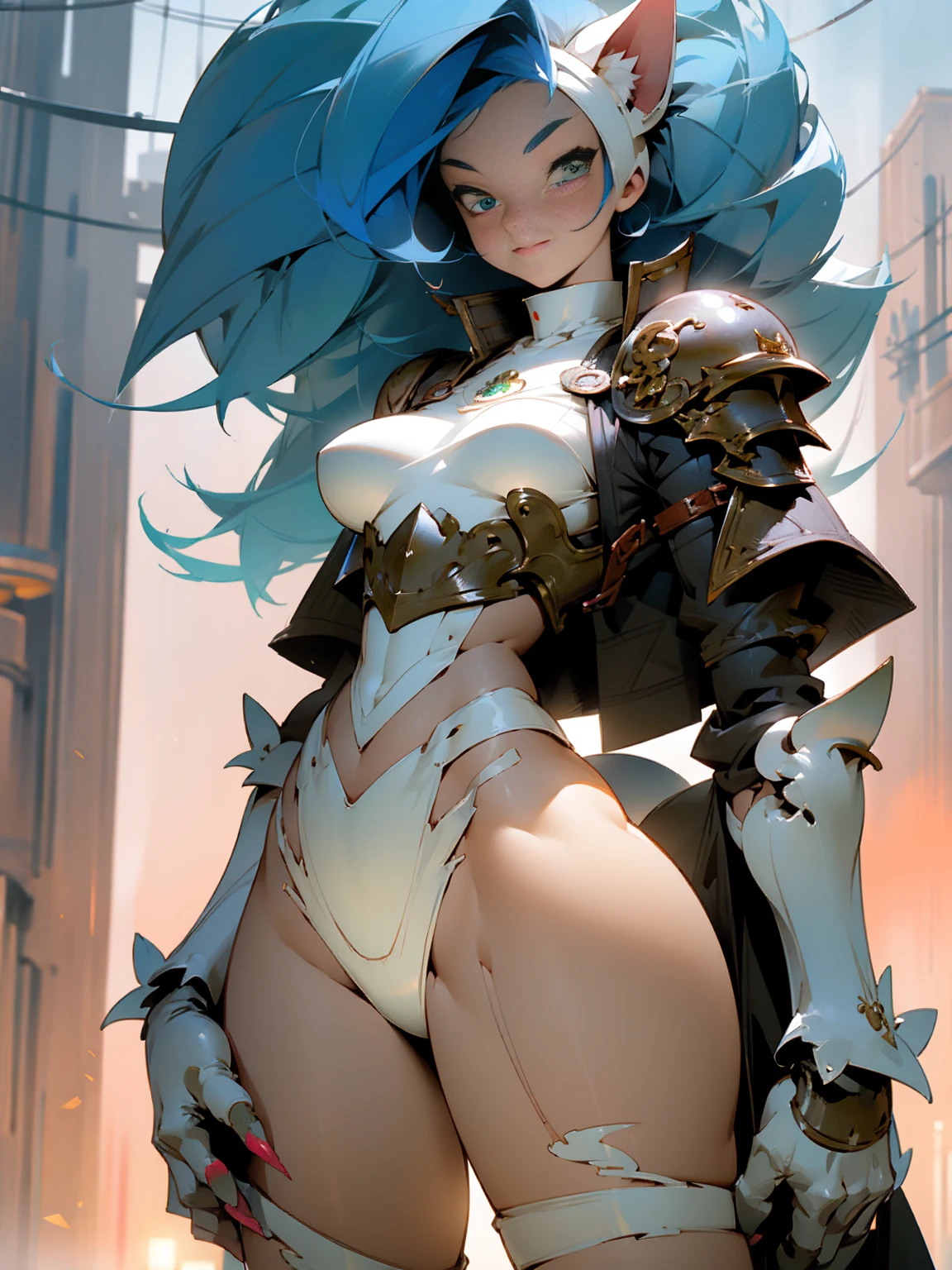 ((Masterpiece, Best Quality, anime style)), Felicia, Blue hair, Green eyes, cat eyes, Cat tail, busty, big breasts, big ass, happy, smile, sexy white armor, gauntlets armors, graves armors, lewd, in a medieval city, illustration, ultra-detailed 8K, clear focus, highly detailed, professional lighting, colorful details, colors BREAK,