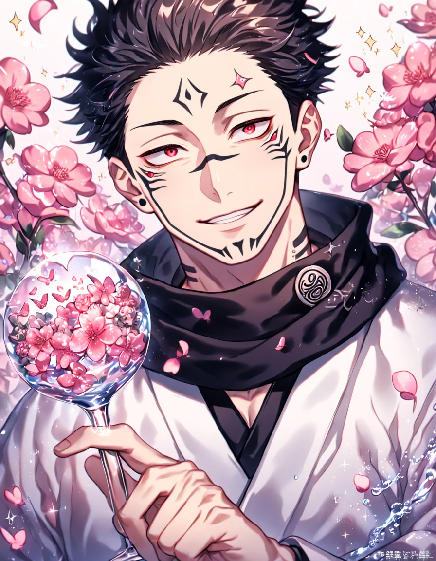 absurdres, highres, ultra detailed, HDR, master piece, best quality, Ryoumen Sukuna, black hair, expressive red eyes, Jujutsu Kaisen, solo, sexy man, handsome, smile, black scarf, white kimono, water, fantasy, magical, shining, pink flowers, pink blossoms, pink petals, pink butterflies, sparkling glass