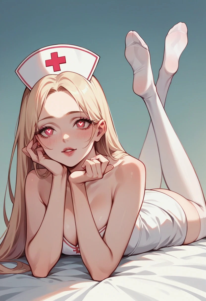 Attention to detail, Heart-shaped pupils,Nurse hat,Pink nurse uniform,Love Your Students,Cropped shoulders,Red Cross,Slender Maiden,Highly rendered,Detailed face,White Stockings,On your stomach,