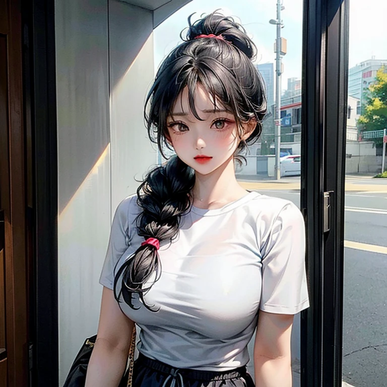 Black-haired girl with hair tied in a ponytail arriving home (dressed in short shorts and a short black blouse) Body Type (90, 30,60 I mean busty and big ass with a wasp waist)