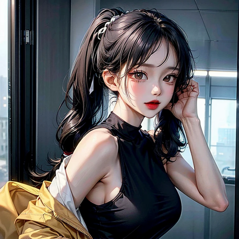 Black-haired girl with hair tied in a ponytail arriving home (dressed in short shorts and a short black blouse) Body Type (90, 30,60 I mean busty and big ass with a wasp waist)