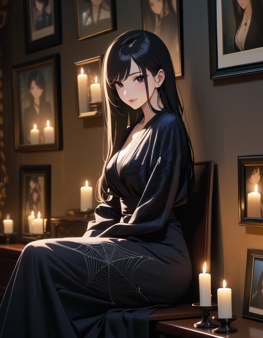 In a dimly lit, eerie room filled with morose family portraits, Madame Spider sits provocatively in the center frame. Her striking features are illuminated by a single flickering candle: black eyes gleam with mischief, raven-black hair cascades down her back like a waterfall of night, and dark lips curve into a wicked smile. She wears a stunning black kimono adorned with a white spider web pattern that seems to writhe across her body like a living serpent. As she smiles wickedly, the photographs of deceased husbands in the background appear to fade into the shadows, their mournful gazes overshadowed by Madame Spider's unapologetic allure.,(nsfw, masterpiece, incredibly absurd resolution, absolutely resolution, ultra high resolution, Mature Female, evil MILF, professional, vivid colors, perfect anatomy, ideal facial features, perfectly beautiful face, mature woman, evil MILF, Femme Fatale, Perspective view)
