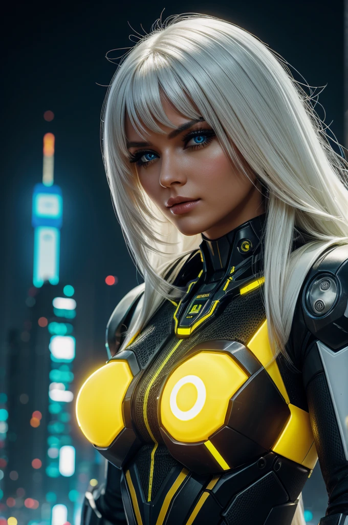 robotic woman, wearing a yellow and black mechanized outfit, neon city background, portrait close up view, long white hair