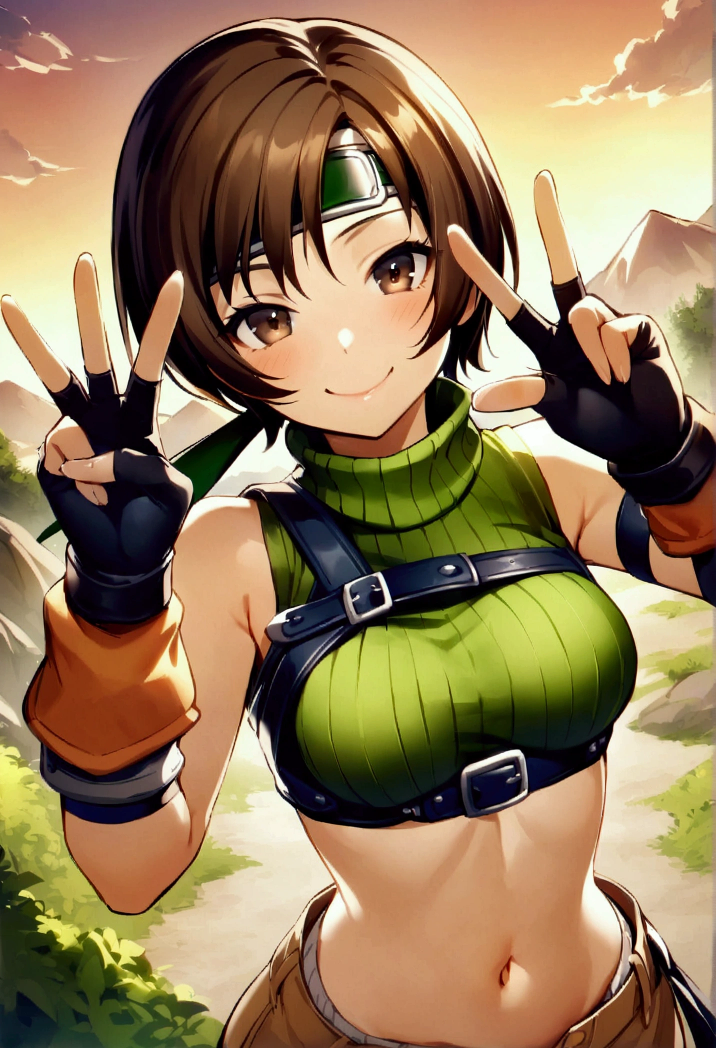 score_9, score_8_up, score_7_up,,BREAK ,best quality,aesthetic,very aesthetic,high-resolution ,upperbody,,soro focus,1girl, yuffie kisaragi, final fantasy, short hair,headband,navel,sleeveless,turtleneck,brown eyes,sleeveless turtleneck,solo,breasts,looking at viewer,smile,gloves,crop top,brown hair,shorts,midriff,,sweater,open fly,armor,fingerless gloves,ribbed sweater,medium breasts,(great joy,),standing,mountain,sunset,double v,smug,face above focus,