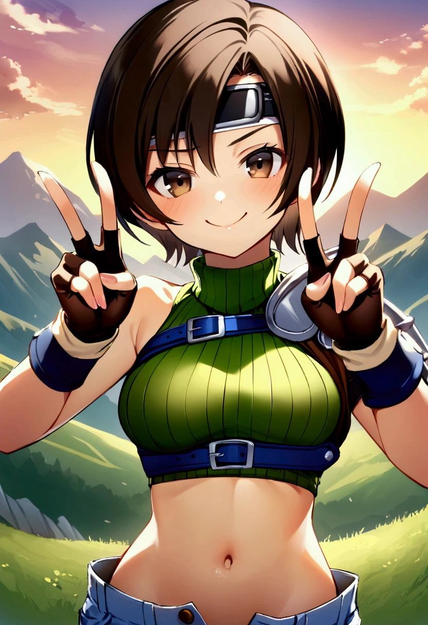 score_9, score_8_up, score_7_up,,BREAK ,best quality,aesthetic,very aesthetic,high-resolution ,upperbody,,soro focus,1girl, yuffie kisaragi, final fantasy, short hair,headband,navel,sleeveless,turtleneck,brown eyes,sleeveless turtleneck,solo,breasts,looking at viewer,smile,gloves,crop top,brown hair,shorts,midriff,,sweater,open fly,armor,fingerless gloves,ribbed sweater,medium breasts,(great joy,),standing,mountain,sunset,double v,smug,face above focus,