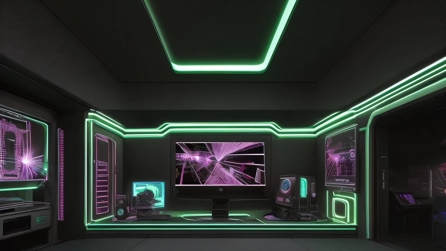 Create an illustration that evokes future surveying calculations.。I like realistic images that have a futuristic and AI feel.。In a dimly lit room, there are oldpcThere are also many、I would like to create one image that focuses on the screen of a modern PC.。There、Digital data projected in three dimensions is displayed.。There are many other monitors in the image.。Use lots of fluorescent colors and futuristic decor.。Please display a small image of the person operating the device.。and、Use fluorescent colors to make it more flashy.。There are also ornamental plants。Person in a room with multiple computers and monitors々Group of, Sci-Fi Cybernetic Implants HQ, Cyber Suit, Cloning Facility of the Future, cyber skeleton, diverse Cyber Suit, Neon scale and cyborg technology, advanced digital cyberpunk art, Calm cyberpunk style, Hyperrealistic Cyberpunk Style, Cyberpunk aesthetic, Futuristic cyberpunk scenario, cybernetic body, Cyberpunk Workshop-like information。Use lots of fluorescent colors and futuristic decor.。