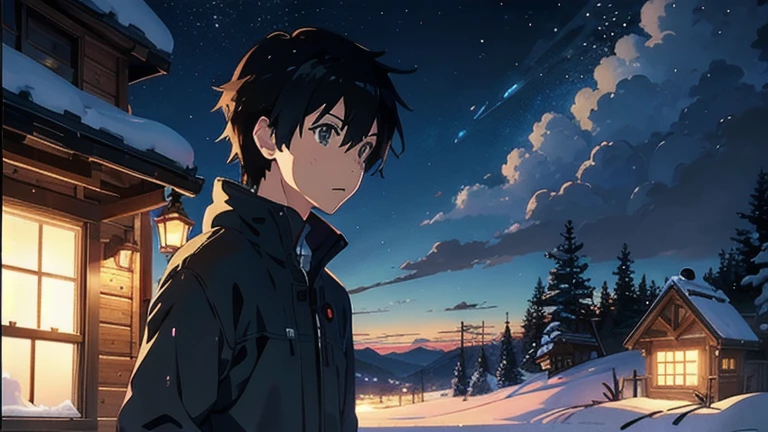 Boy inside a cabin, expression of concern, searching everywhere, closeup of his face, expression of sadness, cozy mackerel inside with a fireplace village surrounded by snow an image by Makoto Shinkai, trend on pixiv, conceptual art, guweiz style artwork, Guweiz and Makoto Shinkai, Sakimichan and Makoto Shinkai, ( ( Makoto Shinkai ) ), in the snow, beautiful anime scene