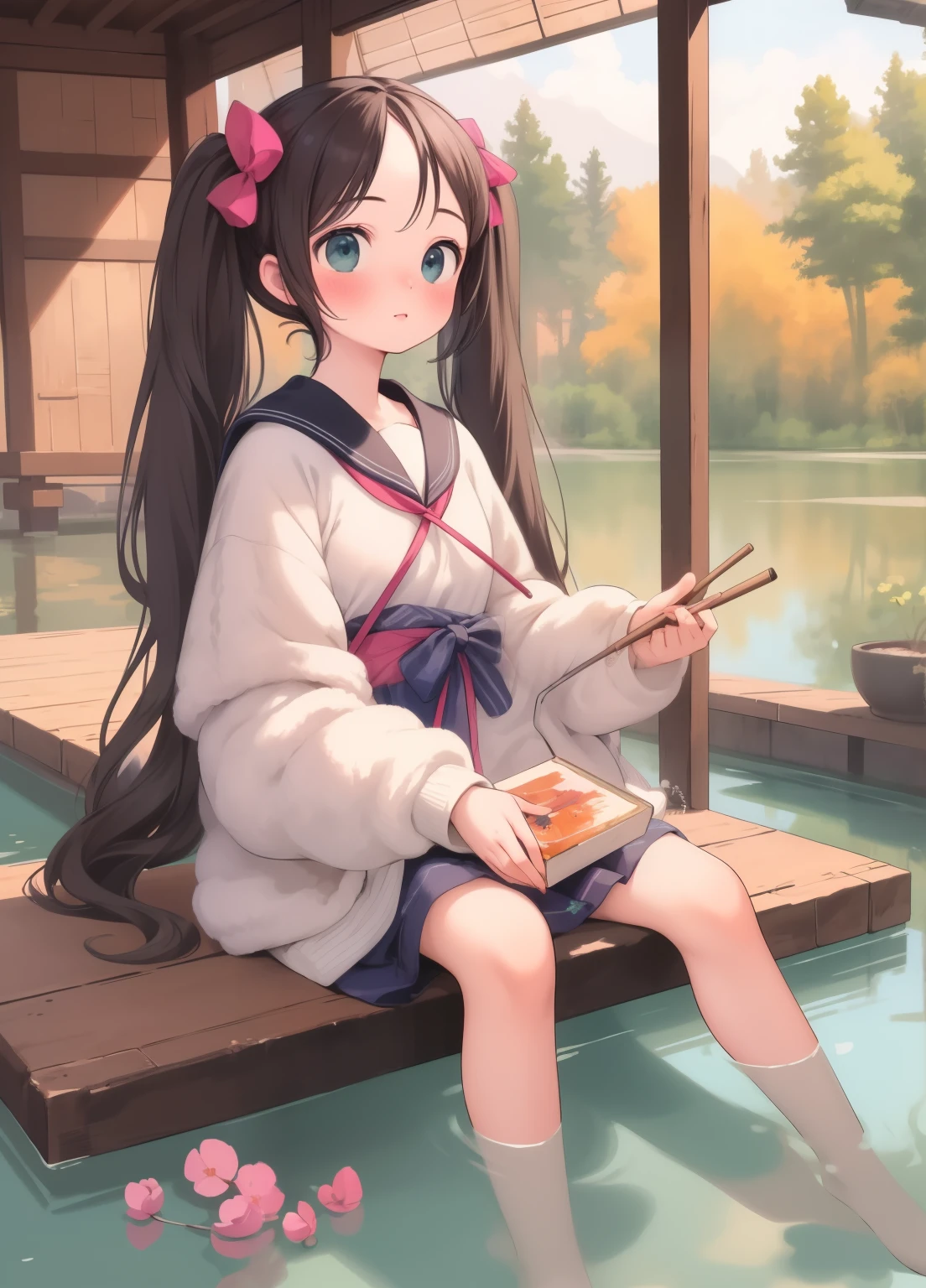 (masterpiece、Highest quality、Highest quality、Official Art、Beautiful and beautiful:1.2)、(One girl:1.3)Hatsune Miku、Twin tails,Beautiful breasts, Katsushika Hokusai,stand by me, Woman Painting, Cat sitting on a lake, An exquisite painting by Johannes Vermeer, Featured on ZBrush Central, New metaphors, Oil on canvas, Chiaroscuro, Soft brushwork, Soft Haze, muted