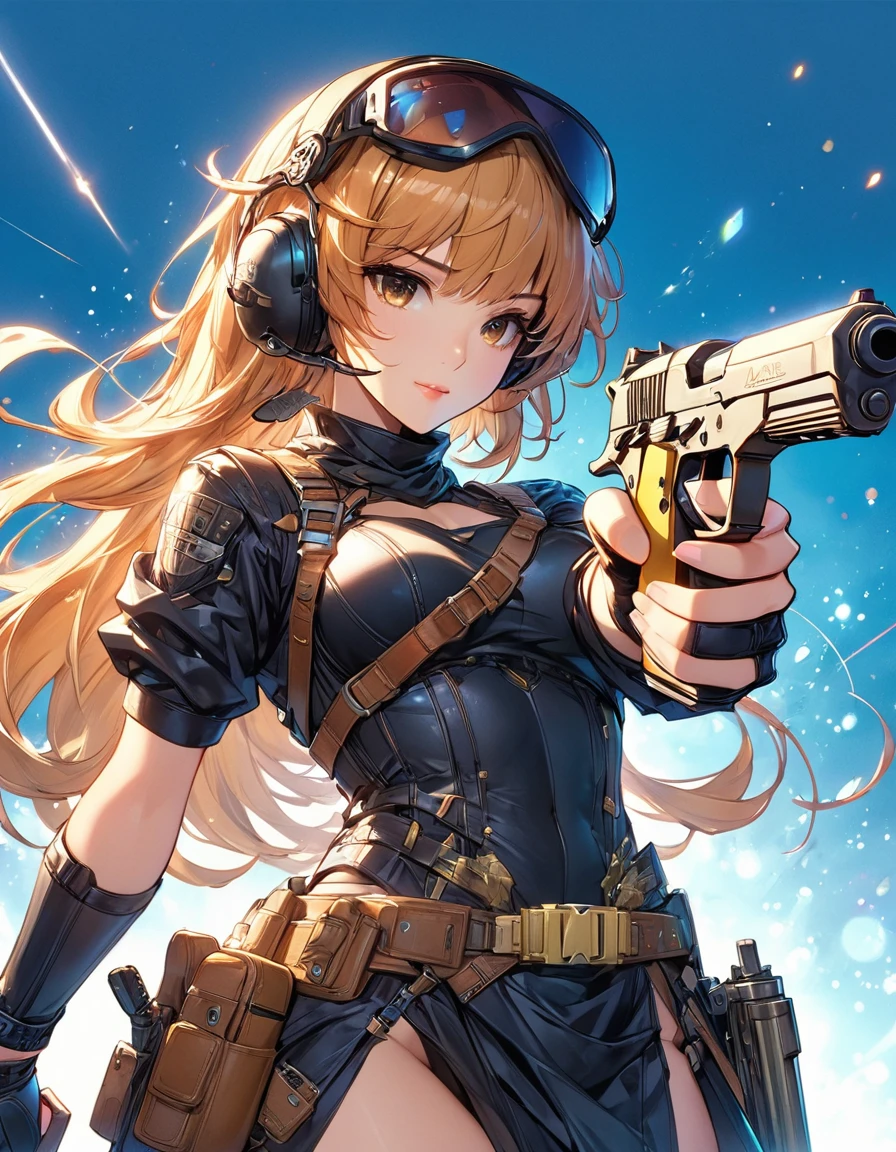 NSFW,((masterpiece,Highest quality,4K)),score_9, score_8_superior, score_7_superior,anime, anime,Rainbow Hair,Wearing a black and gold dress,animeの女の子、Blue background, krenz cushart and ArtJam, 美しく魅力的なanimeの女性, ArtJam style, Yoshika Amano Karol Baq, ArtJam detailed, style ivan talavera and ArtJam, Beautiful cartoon art, ArtJam. Attention to detail, ArtJam comic,Valkyrie,Golden gun,