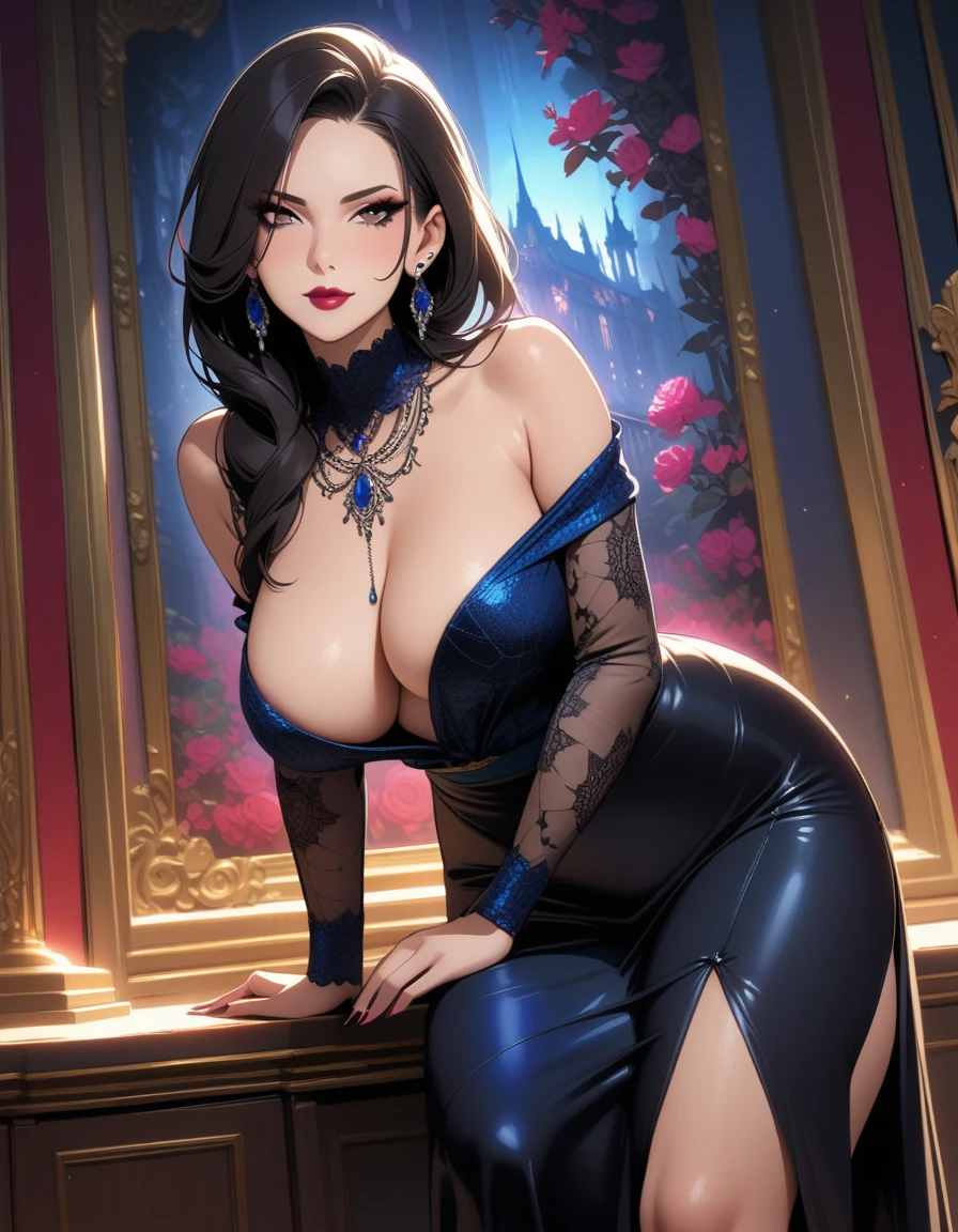 In a dimly lit, ornate room filled with eerie photographs, Madame Spider sits elegantly in a kimono adorned with a subtle spider web pattern, its black fabric seeming to absorb the faint light. Her raven-black hair cascades down her back like a waterfall of night, framing her striking features. Her piercing black eyes gleam with a wicked intensity as she smiles mischievously, her full lips painted a deep crimson. The air is heavy with the scent of incense and secrets as she poses, surrounded by the grudge-filled portraits of husbands who met unexpected ends, their memories fueling her seductive allure.,(nsfw, masterpiece, incredibly absurd resolution, absolutely resolution, ultra high resolution, Mature Female, evil MILF, professional, vivid colors, perfect anatomy, ideal facial features, perfectly beautiful face, mature woman, evil MILF, Femme Fatale, Perspective view)