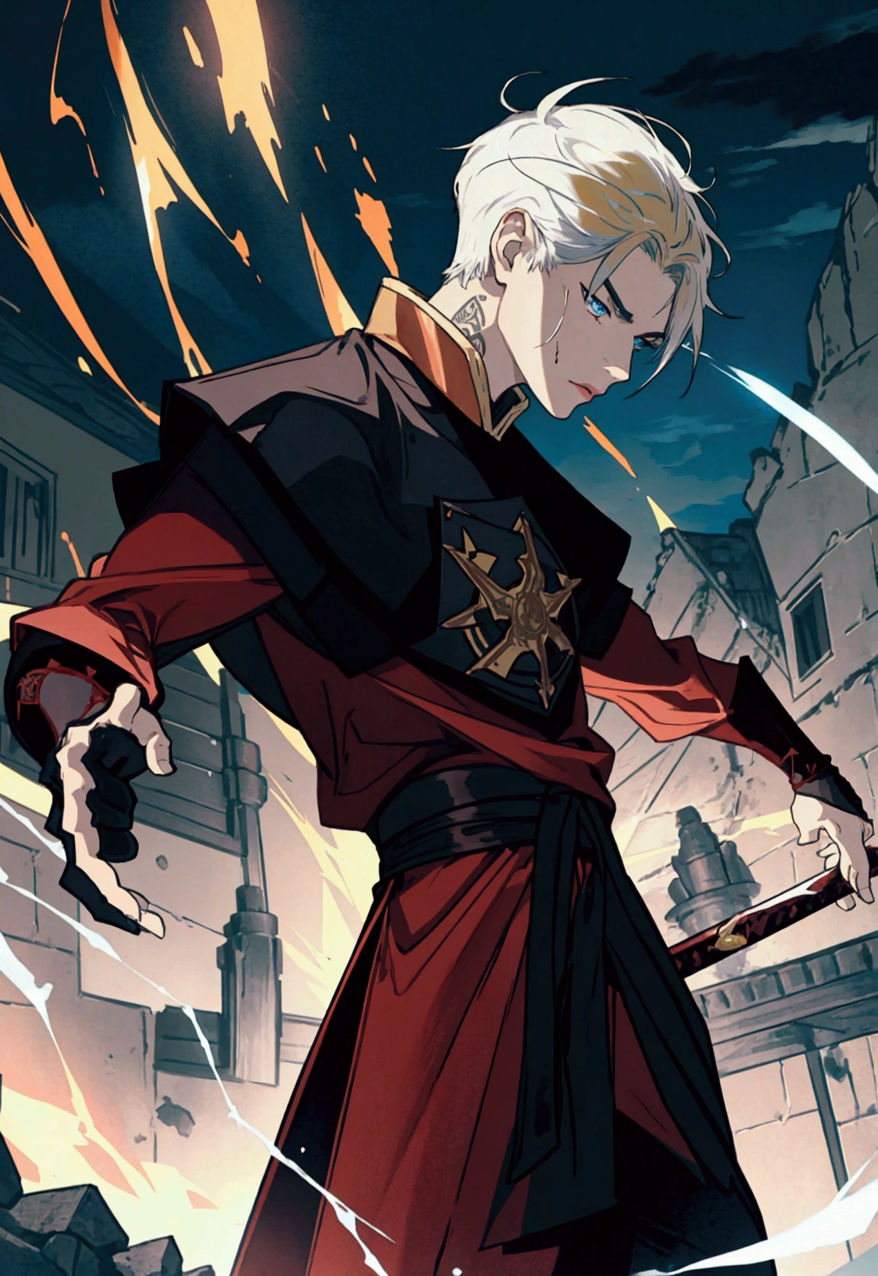 1 young man, alone, looking at his enemy,  soft lighting,  crimson electrical currents on body, 15 year old man, blue eyes, tattoo below the eyes, golden hair, short hair with samurai cut, boyish, black clothes, scene of rage and sadness, best angle, thoughtful, {beautiful detailed eyes}, {detailed light}, {illustration}, {better lighting}, conceptual art, best fight scene, monk t-shirt, black and white, rays of color crimson, lightning all over the body