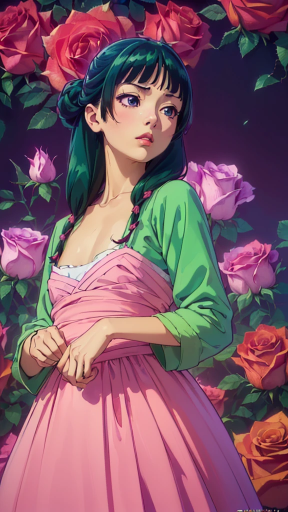 Staring straight ahead,Facing forward,front facing portrait((Highly detailed CG unit 8k wallpaper, masterpiece, High resolution, highest quality, highest qualityのリアルテクスチャスキン)), ((very beautiful woman, :1.5, plump lips, (messy black hair, white skin, small breasts), ((and handle background, Colorful background with roses and 、PINKwarm color)), hyper realistic, digital painting, concept art,Girl looking straight ahead,sexly,front facing body looking up,comprehensive,A red dress with an open chest,Date,maomao,1girl,blunt bangs,green hair,long hair,blue eyes,solo,Niji XL