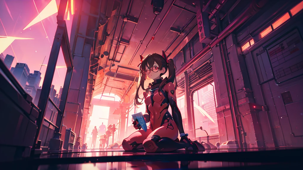 Makinami, A cartoon girl in pink and black clothes is sitting on the ground, Gainax Anime Style, Anime characters; Full Body Art, female Anime characters, body and soul! Asuka Suit, Asuka Suit under clothes!, This character has the ability to freeze., cel - shaded art style, Anime characters, Streamlined pink armor, Gordon Freeman as a Woman, low twintails, brown hair, Red frame glasses, Surrealism, cinematic lighting, UHD, high details, best quality, highres, 8k