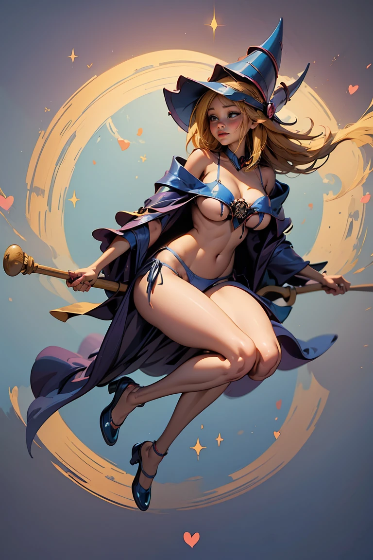 (Obra maestra:1.2), (La mejor calidad:1.2), Perfect lighting, 
One woman, beautiful witch (nude), wearing a pointy hat, full body, beautiful face, dynamic pose, riding a broomstick, 8k, floating in the air, perfect breasts, magical background, from above, high angle, light bursts. sexy. 