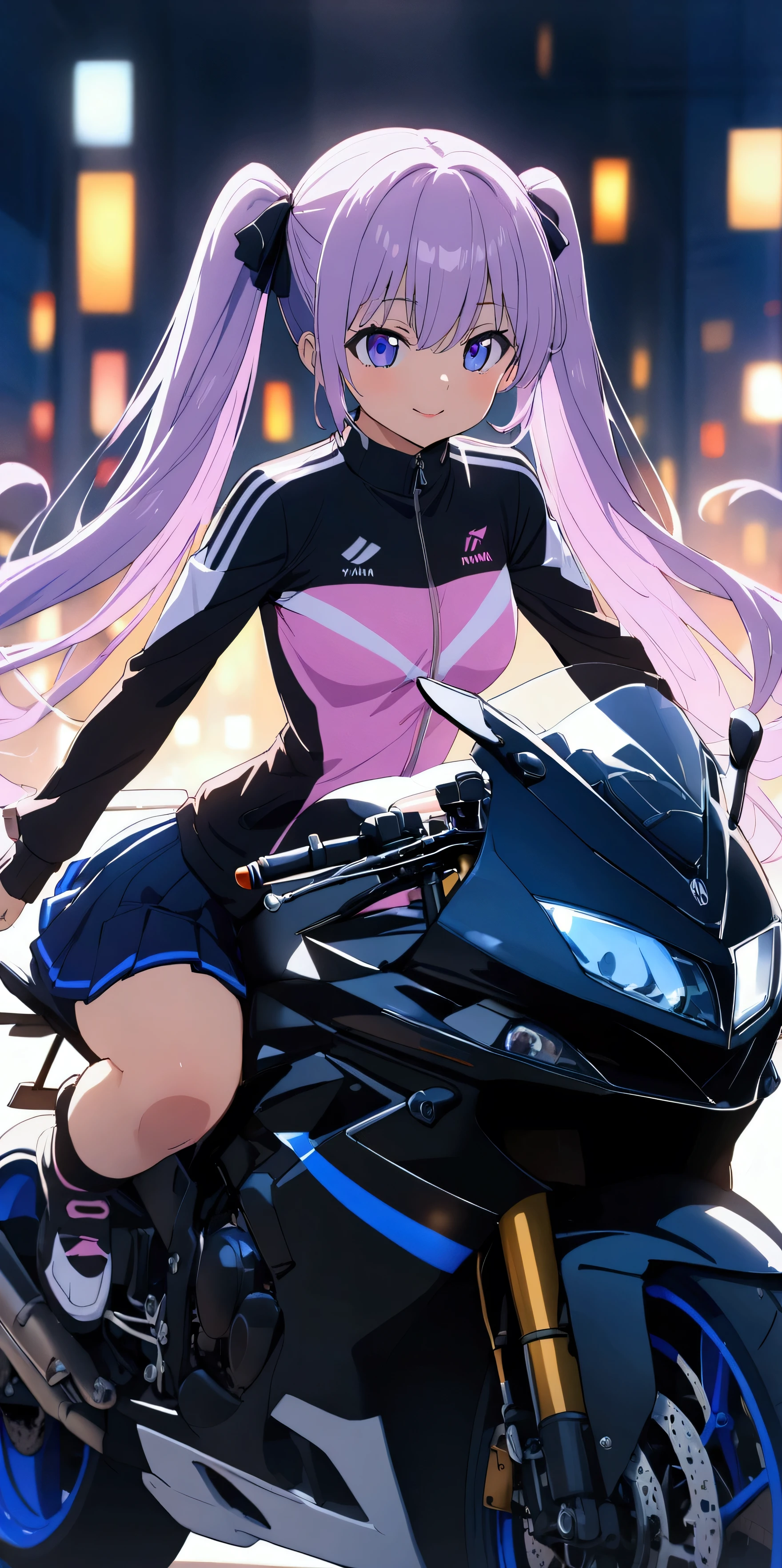 (Highest quality:1.2, 4K, 8k, Studio Anime, Very detailed, Latest, Vibrant, Attention to detail, High Contrast, masterpiece:1.2, Highest quality, Best aesthetics), ((Light purple hair)),(Twin tails&Straight hair)、big, Round eyes, smile, (beautiful girl: 1.3), Looks about 15 years old、(Pleated skirt), (Track jacket 1.2),night、(Put your arms behind your back)、Beautiful Hair, Shiny Hair, Beautiful Skin, Detailed face and eyes, Glossy Lips, Curvy Women, Striking contrast,(Blurred Background:1.1),Girl driving a motorcycle, The girl is riding a bike at a great speed., Speed,Yamaha R1, Car body illuminated by light,((Rear View)),(Focus on the very big things, Round and beautifully shaped butt),
