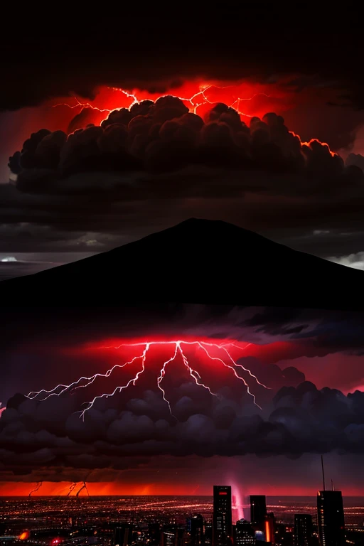 A nefarious force spreads across the world in the form of a black cloud thundering reddish lightning., the atmosphere is one of tension and despair over the city.