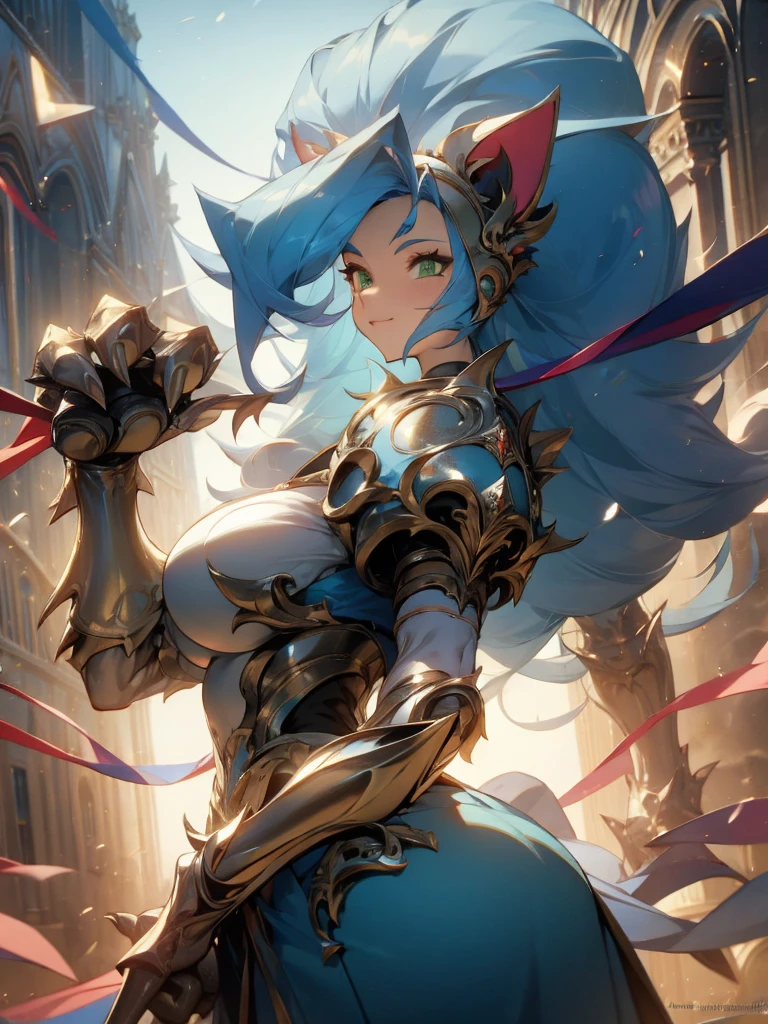 ((Masterpiece, Best Quality, anime style)), Felicia, Blue hair, Green eyes, cat eyes, Cat tail, busty, big breasts, big ass, happy, smile, sexy white plate armor, gauntlets armors, graves armors, lewd, in a medieval city, illustration, ultra-detailed 8K, clear focus, highly detailed, professional lighting, colorful details, colors BREAK,