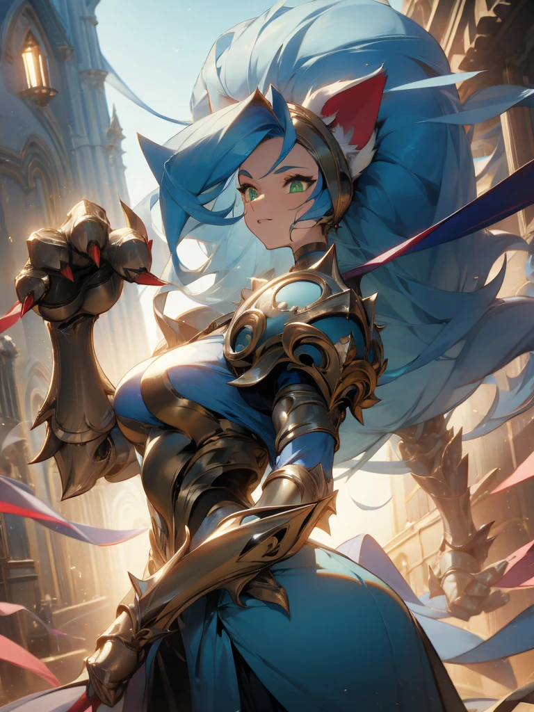 ((Masterpiece, Best Quality, anime style)), Felicia, Blue hair, Green eyes, cat eyes, Cat tail, busty, big breasts, big ass, happy, smile, sexy white plate armor, gauntlets armors, graves armors, lewd, in a medieval city, illustration, ultra-detailed 8K, clear focus, highly detailed, professional lighting, colorful details, colors BREAK,