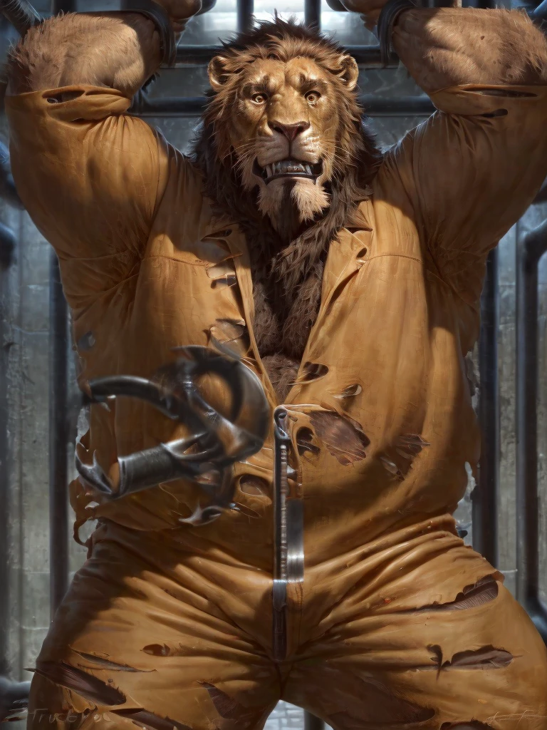 Prison setting, prison cell, lion, equine, orange clothing, prison jumpsuit, flex, muscular, barazoku, evil grin, torn clothing,
by taran fiddler, [by morticus], (Sharp focus, masterpiece, 8k, intricate artwork, hyper detailed, high detail),