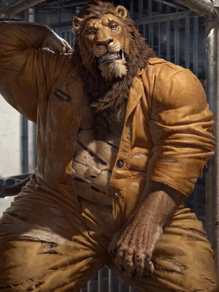 Prison setting, prison cell, lion, equine, orange clothing, prison jumpsuit, flex, muscular, barazoku, evil grin, torn clothing,
by taran fiddler, [by morticus], (Sharp focus, masterpiece, 8k, intricate artwork, hyper detailed, high detail),