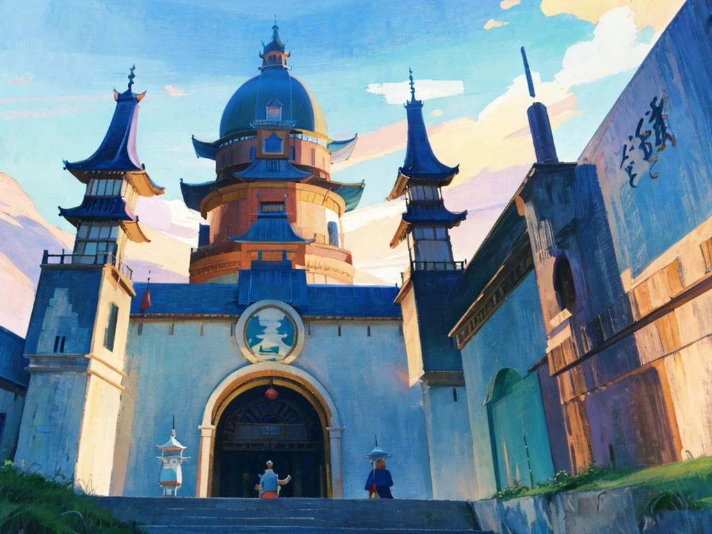 DVD screengrab from studio ghibli movie, (beautiful domed eastern castle), clouds on blue sky, designed by Akira Toriyama, Dragon Ball Z, retro anime, street view