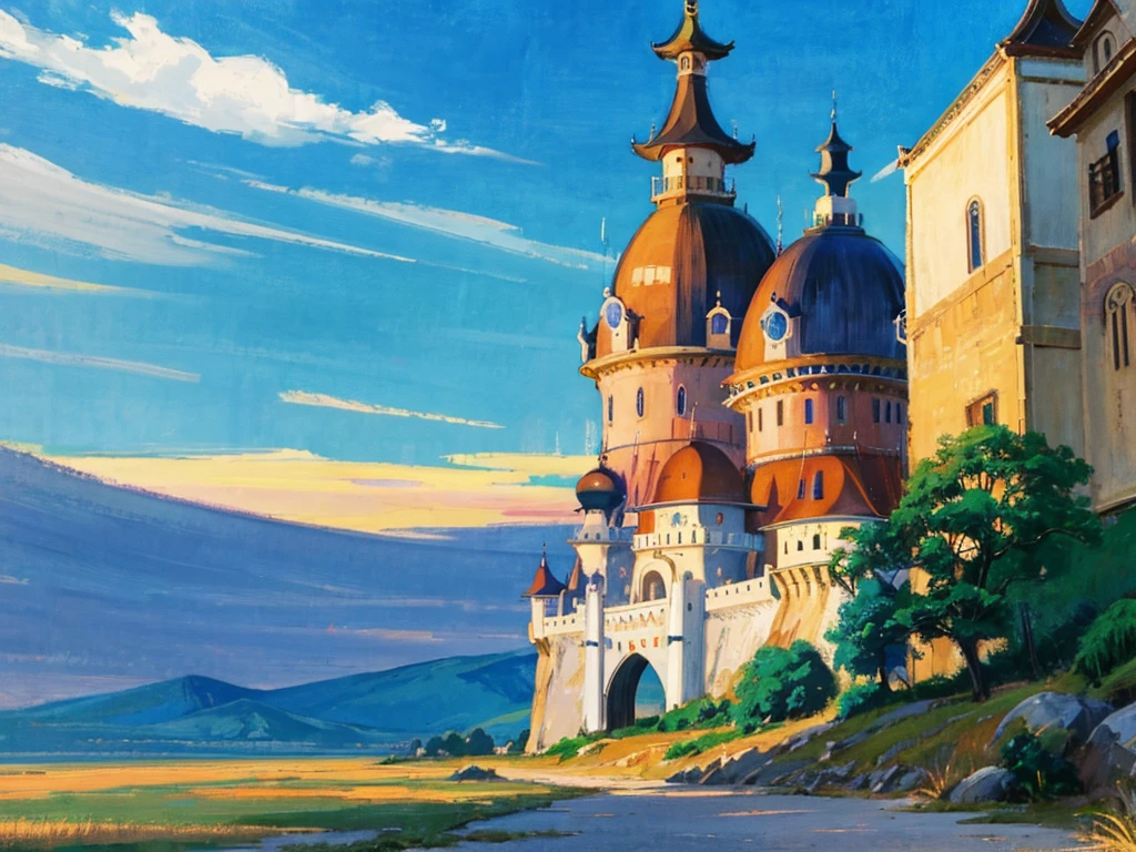 DVD screengrab from studio ghibli movie, (beautiful domed eastern castle), clouds on blue sky, designed by Akira Toriyama, Dragon Ball Z, retro anime, street view