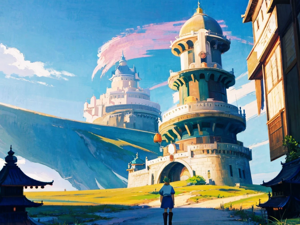 DVD screengrab from studio ghibli movie, (beautiful domed eastern castle), clouds on blue sky, designed by Akira Toriyama, Dragon Ball Z, retro anime, street view