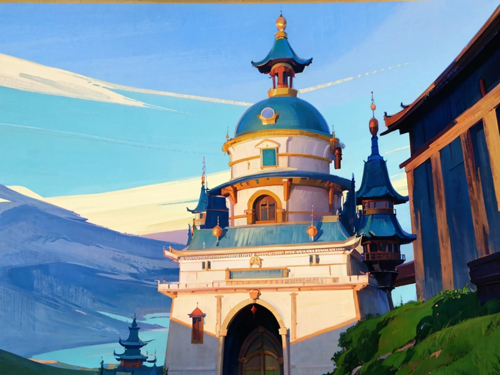 DVD screengrab from studio ghibli movie, (beautiful domed eastern castle), clouds on blue sky, designed by Akira Toriyama, Dragon Ball Z, retro anime, street view