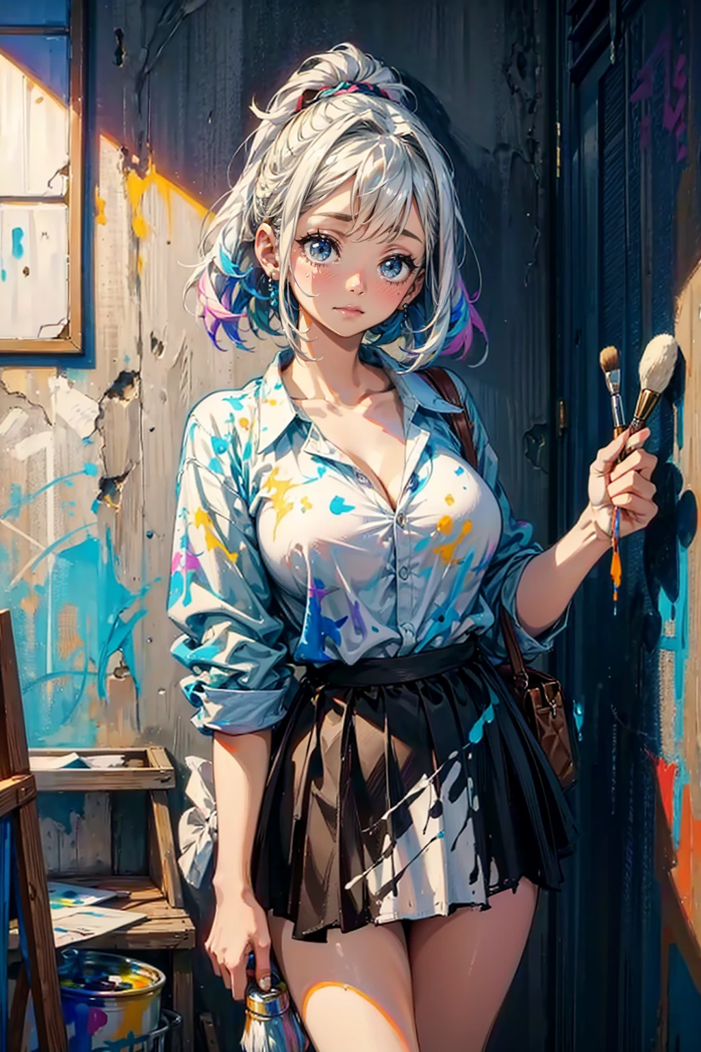 1girl,solo,cute,big breast,cleavage,shirt and mini skirt,she has a brush,she is painting at the wall,big paint,paint the whole wall,colorful,dynamic,in Derelict building