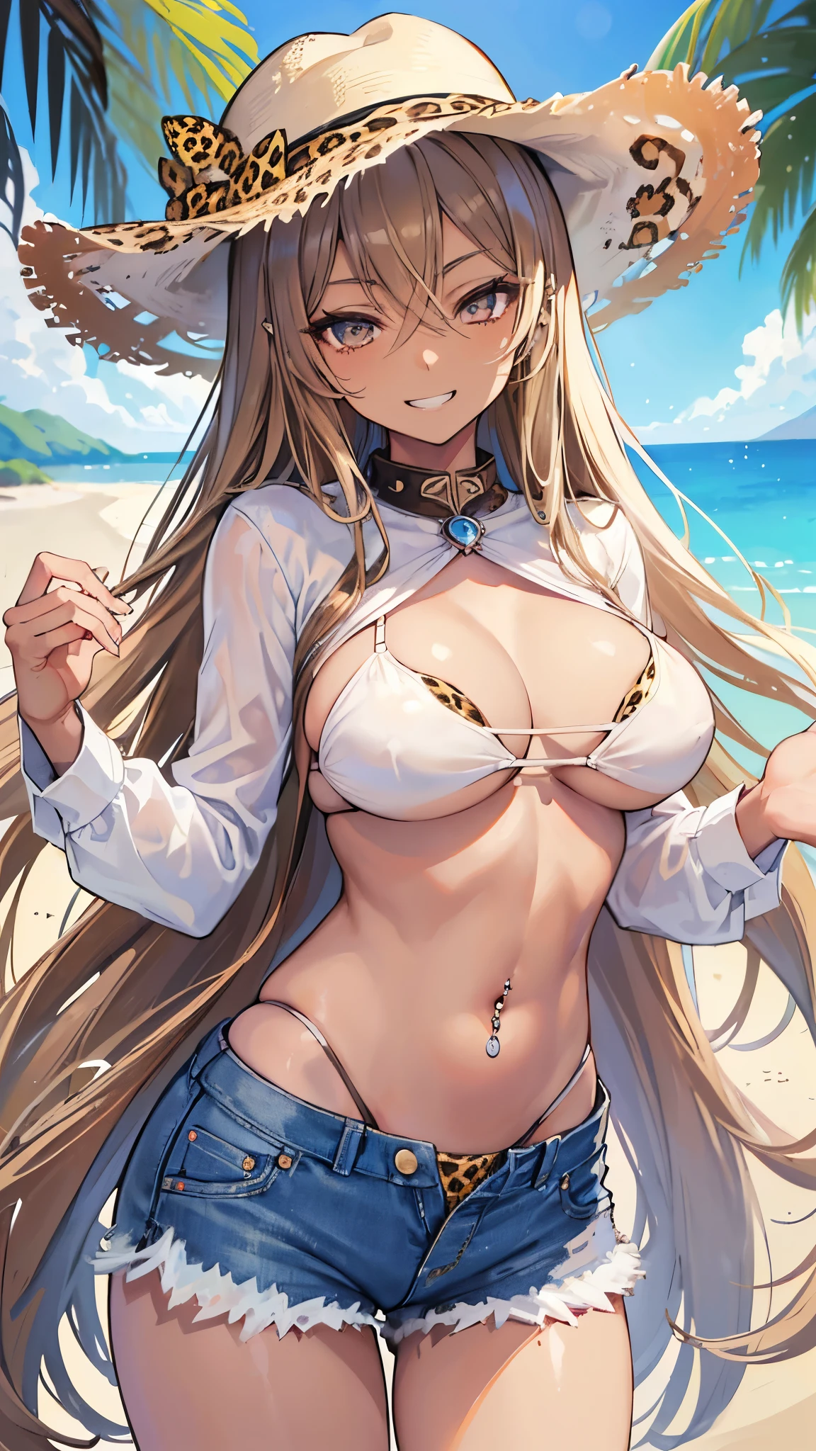 (masterpiece、Highest quality、Very detailed))、One girl、((Brown skin:1.3))、Blonde、Long Hair、straight hair、Grey Eyes、evil smile、((Grin))、((lots of piercing))、((Large Breasts))、((White shirt))、((leopard bikini))、((denim short shorts))、Cowboy Shot、Seaside Background