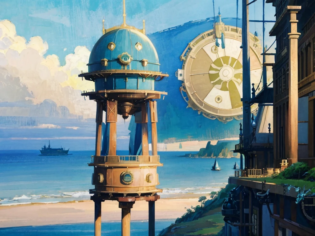 DVD screengrab from studio ghibli movie, (beautiful seaside steampunk observatory:1.3), clouds on blue sky, designed by Hayao Miyazaki, retro anime, street view