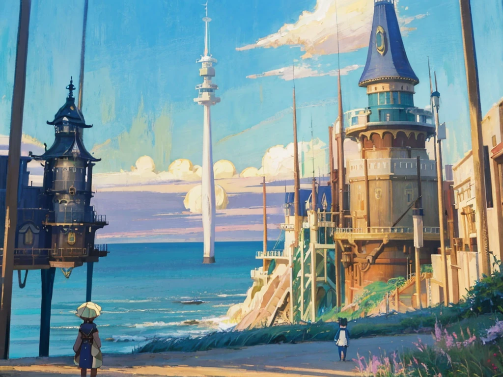 DVD screengrab from studio ghibli movie, (beautiful seaside steampunk observatory:1.3), clouds on blue sky, designed by Hayao Miyazaki, retro anime, street view