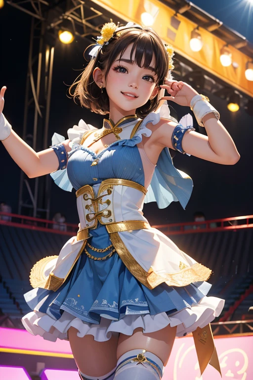 (Highest quality、 8k 、masterpiece、High resolution)、Full Body Shot、15 year old girl、Idol、cute、Dancing with a smile、Outdoor Stage、AKB48 Costumes、Realistic、Realistic、Official Art、Detailed CG、Professional Lighting、Professional photographer、