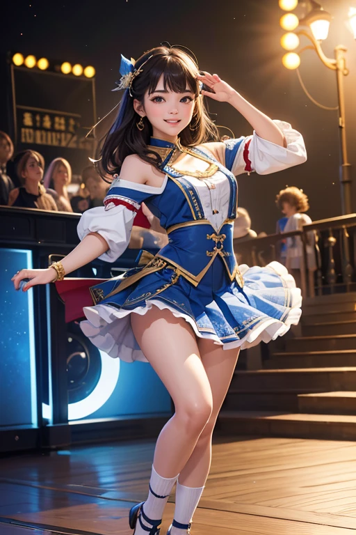 (Highest quality、 8k 、masterpiece、High resolution)、Full Body Shot、 girl、Idol、cute、Dancing with a smile、Outdoor Stage、AKB48 Costumes、Realistic、Realistic、Official Art、Detailed CG、Professional Lighting、Professional photographer、