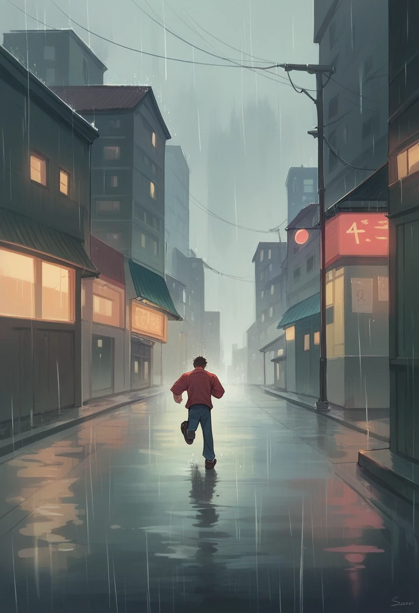 A man running through a city shrouded in rain and mist