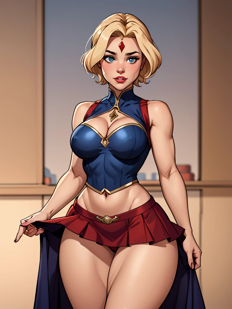 Make a young woman with short blonde hair, wearing an iron vest with a low neckline, wearing blue and red chest armor with defined breasts, wearing a e red strappy skirt, thick thighs, an iron tiara on her forehead