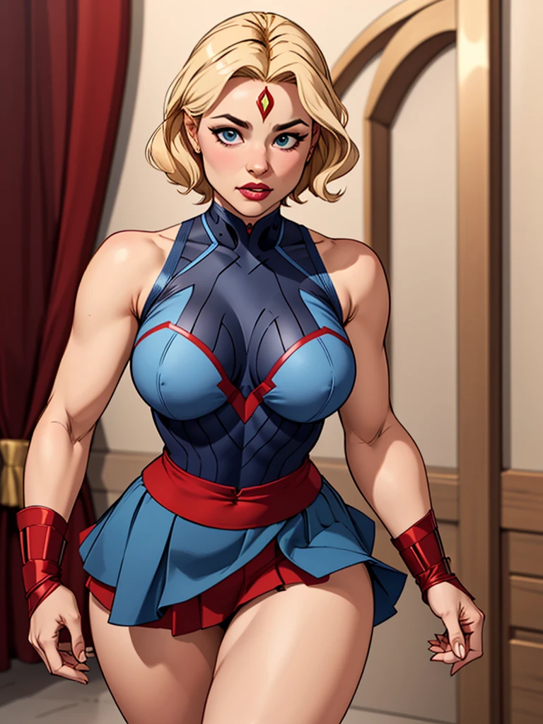 Make a young woman with short blonde hair, wearing an iron vest with a low neckline, wearing blue and red chest armor with defined breasts, wearing a e red strappy skirt, thick thighs, an iron tiara on her forehead