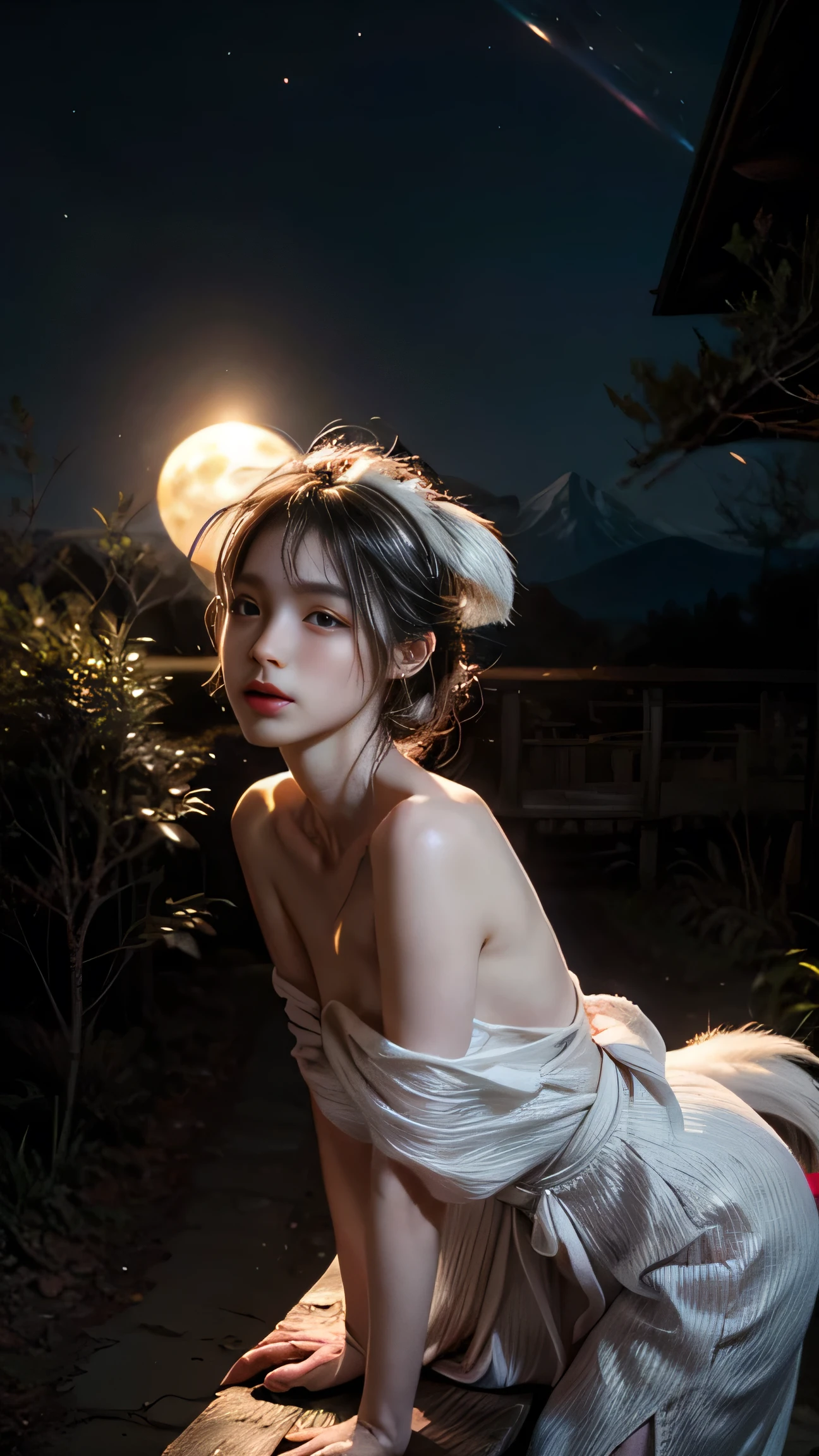 a young 17 year old girl, nude slender body, small breasts, full body, crouched, on the grass, night sky, full of stars, (best quality,4k,8k,highres,masterpiece:1.2),ultra-detailed,(realistic,photorealistic,photo-realistic:1.37),chiaroscuro lighting,dramatic lighting,cinematic,surreal