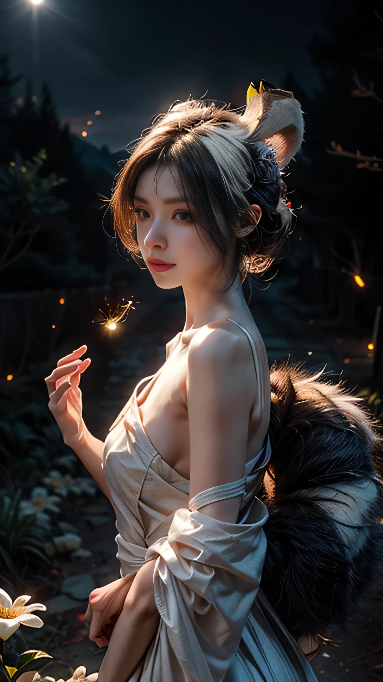 Vast landscape photo, (viewed from below, the sky is above and the open field is below), a girl standing on a flower field looking up, (full moon: 1.2), (meteor: 0.9), (nebula: 1.3), distant mountains , Trees BREAK Crafting Art, (Warm Light: 1.2), (Fireflies: 1.2), Lights, Lots of Purple and Orange, Intricate Details, Volumetric Lighting, Realism BREAK (Masterpiece: 1.2), (Best Quality), 4k, Ultra-Detailed, (Dynamic Composition: 1.4), Very Detailed, Colorful Details, (Rainbow Colors: 1.2), (Glow Lighting, Atmospheric Lighting), Dreamy, Magical, (Solo: 1.2)、(((white tails:1.5))), beautiful white fox, (white fox with nine tails),
(bare shoulders:0.85), ((nude:1)),(boobs naked:0.55), (Glowing ambiance, enchanting radiance, luminous lighting, ethereal atmosphere, mesmerizing glow, evocative hues, captivating coloration, dramatic lighting, enchanting aura),1girl, masterpiece,best quality, 1girl,
(upper body:1.2),((nipples:0.55)),(1 Chinese patterns in the middle of the girl's forehead),girl with a weak temperament,
epic cinematic, soft nature lights, rim light, absurd, amazing, funny, itricate, hyper detailed, ultra realistic, soft colors,
white flowerpink flowers,((bare feet:1)),