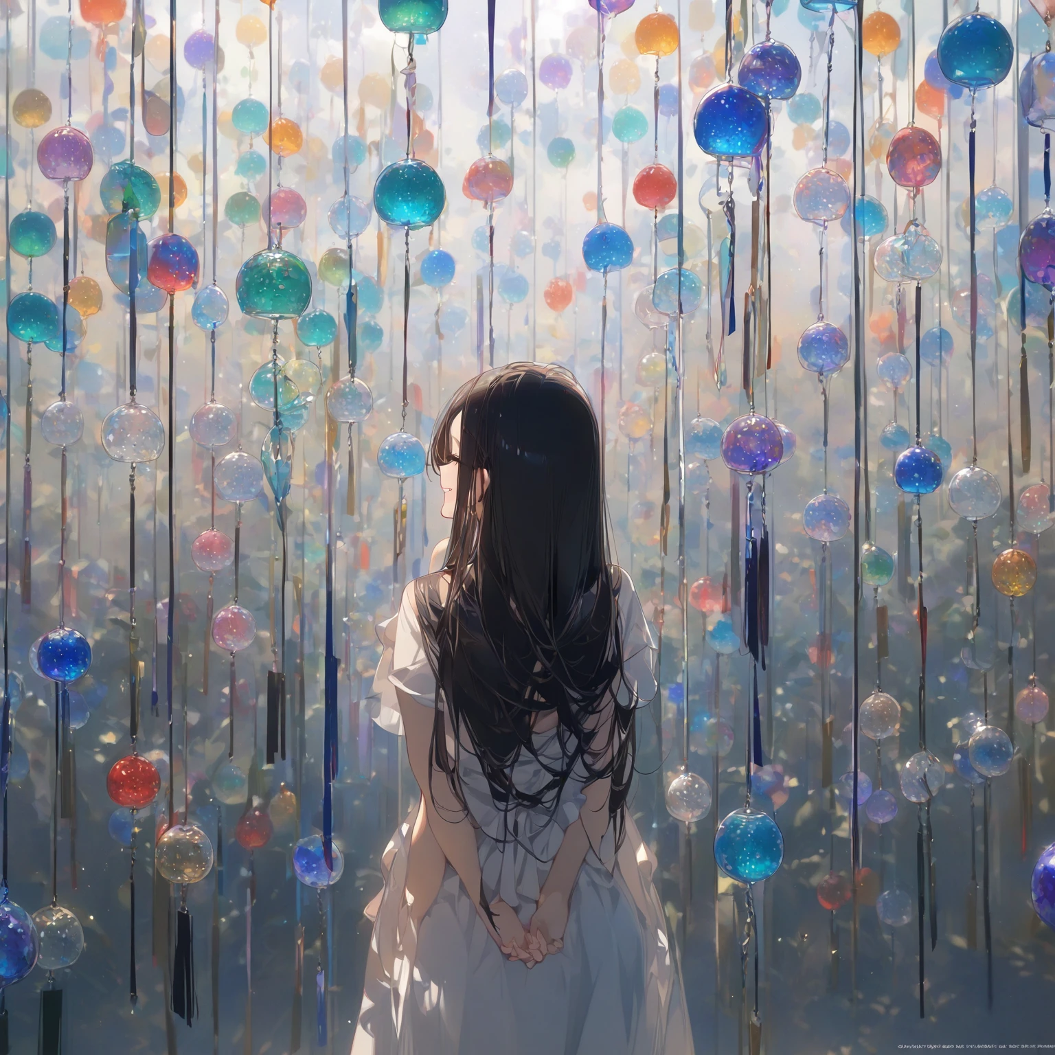 1girl, 独奏, 17yo, cute, pretty, beautiful, black long straight hair, arranged bangs, White dress, Flower pattern colorful glass wind chime, smiling, look up,Backlight、Back view、Put your hands behind your back、masterpiece, best quality, super-fine illustration, official art, 8k,