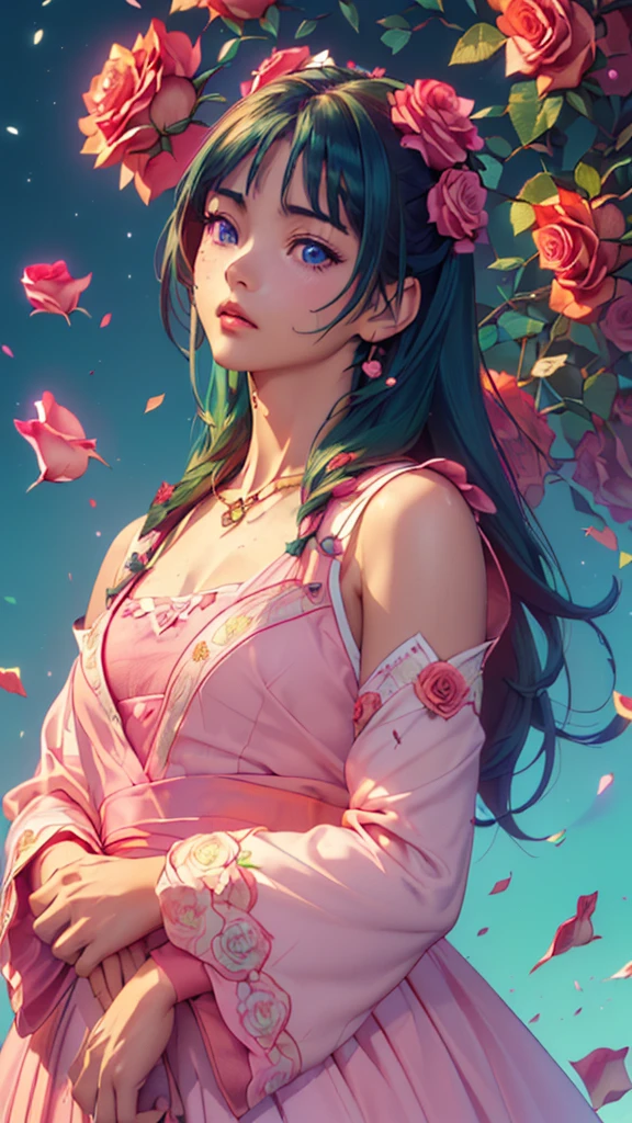 Staring straight ahead,Facing forward,front facing portrait((Highly detailed CG unit 8k wallpaper, masterpiece, High resolution, highest quality, highest qualityのリアルテクスチャスキン)), ((very beautiful woman, :1.5, plump lips, (messy black hair, white skin, small breasts), ((and handle background, Colorful background with roses and 、PINKwarm color)), hyper realistic, digital painting, concept art,Girl looking straight ahead,sexly,front facing body looking up,comprehensive,A red dress with an open chest,Date,maomao,1girl,blunt bangs,green hair,long hair,blue eyes,solo,Niji XL