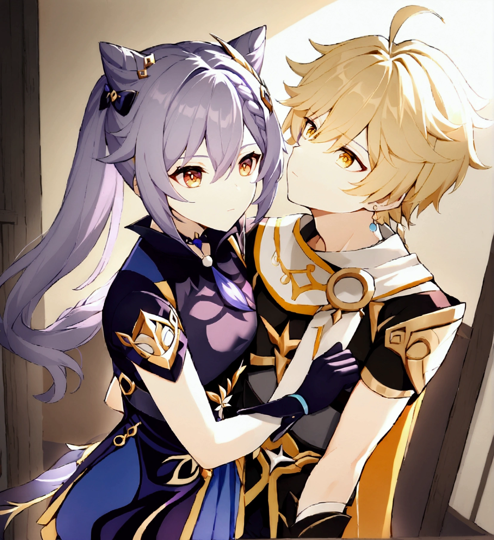 1 boy and 1 , ether \(impacto genshin\), male focus, standing alone, hair blonde, yellow  eyes, Ahoge, bangss, single braid, hair between eyes BREAK 1girl purple hair, hair ornament, twintails, Cat ears hairstyle, keqing