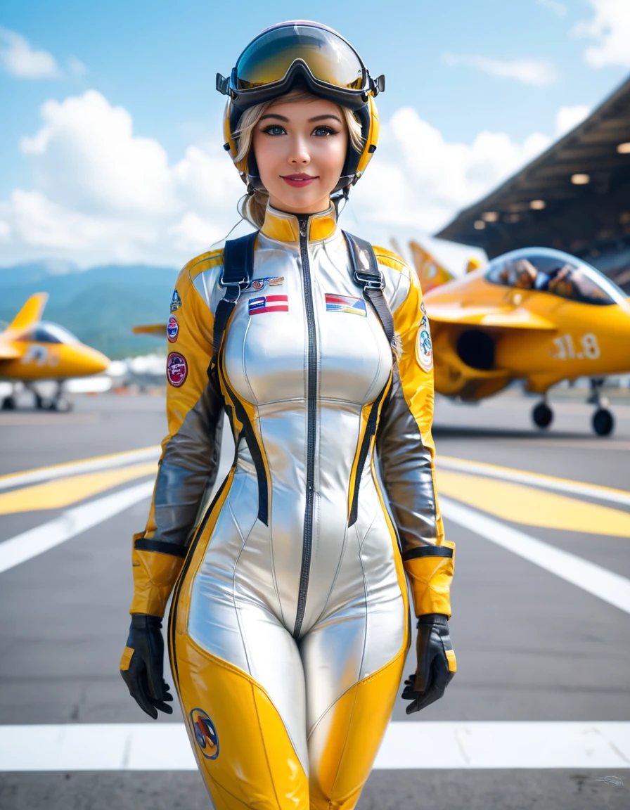 score_9、score_8_top、score_7_top、score_6_top、score_5_top、score_4_top、Female fighter pilot、A revealing pilot suit、Helmet、goggles、gloves、Runway and fighter jets in the background