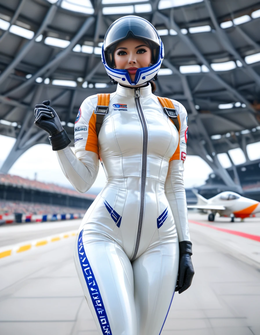 score_9、score_8_top、score_7_top、score_6_top、score_5_top、score_4_top、Female fighter pilot、A revealing pilot suit、Helmet、goggles、gloves、Runway and fighter jets in the background